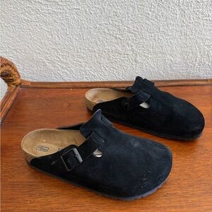 Black Suede Clogs with Buckle